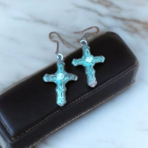 Southwestern Design Cross Earrings with Brass & Turquoise - Picture 1 of 2